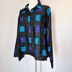 Vintage Chico's Design 100% Silk Geo-Print Boxy Shirt Button-Up Blue Black